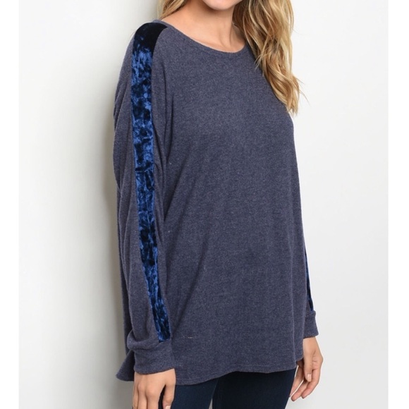 Navy blue long velvet detail sleeve top - Picture 2 of 2